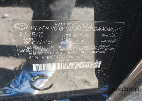 2020 Hyundai Sonata Sel из США, поврежденный, VIN 5NPEF4JA0LH036779